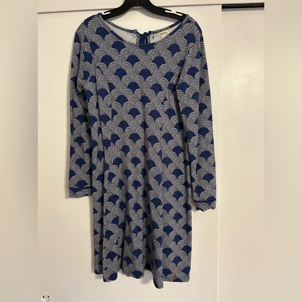 HATLEY Blue and White geometric Long Sleeve Dress